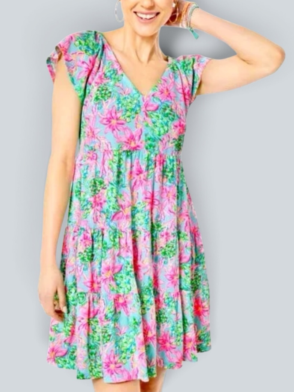 Lilly Pulitzer Women's KAWAI Flutter Sleeve Dress Surf Blue So Shellegant XL